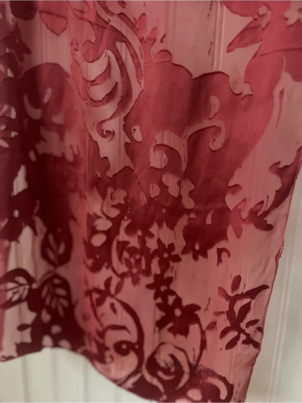 Marc Rozier Paris Burnout Silk Velvet Scarf Burgundy Wine Floral Devore France